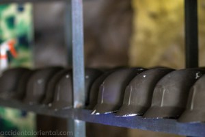 Helmets on standby at the entry to the tunnels of Mount Lion Cannon Fort on Jinmen.