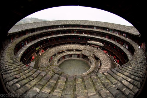 The inside of the Huanjilou building, near the town of Yongding. The Outer ring of the building is for living, cooking, while the inner sections usually house areas for worship and bathing.