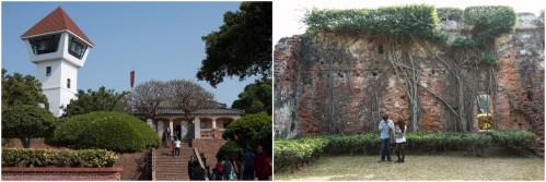 The re-built watchtower at Fort Zeelandia, and the oldest remaining wall in the fort